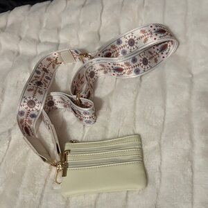 Cream Crossbody Wallet with Patterned Strap